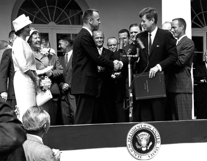 Framed Print : President John F. Kennedy presents astronaut Alan B. Shepard, Jr. the first American in space, with the NASA Distinguished Service Award. May 8, 1961