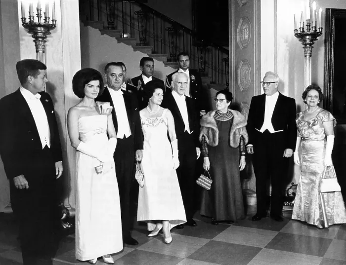 Framed Print : President John and Jacqueline Kennedy at a White House dinner honoring the Executive and Judicial heads of the Government. L-R: President and Mrs. Kennedy; VP and Mrs