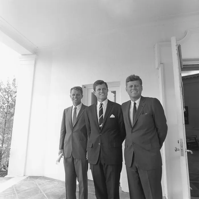 Framed Print : President John Kennedy and his brothers. Attorney General Robert F. Kennedy, Senator Edward Moore Kennedy at the White House, outside of Oval Office. Ca. 1962