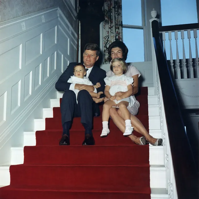 Framed Print : President John Kennedy and his family at Hammersmith Farm, Rhode Island. The President holds son, John Jr, and Jacqueline Kennedy holds Caroline. Sept 29, 1961