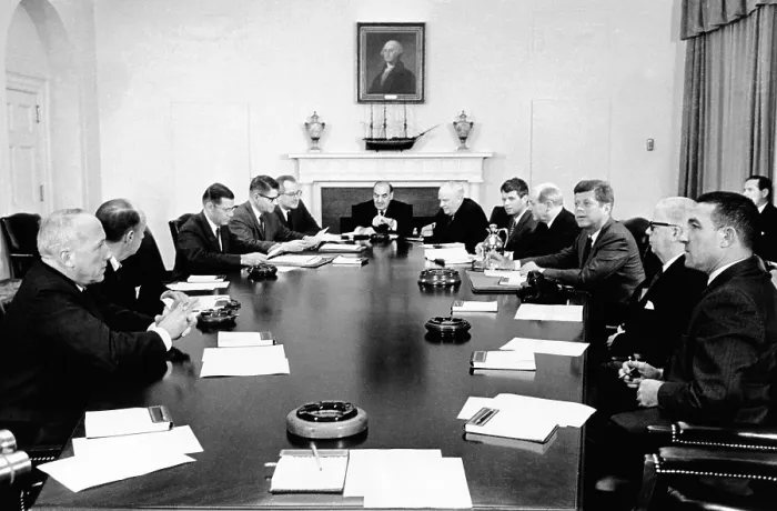 Framed Print : President John Kennedy meets with his cabinet