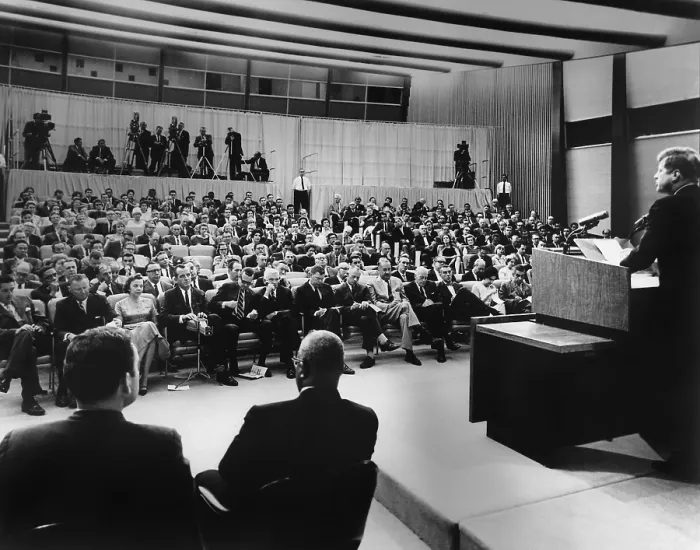 Framed Print : President John Kennedy speaks to reporters during a press conference Framed Print : President John Kennedy speaks to reporters during a press conference