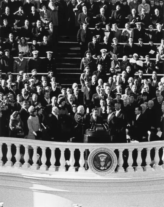 Framed Print : President John Kennedy takes the oath of office administered by Chief Justice Earl Warren. Jan. 20, 1961. - (BSLOC_2015_1_145)