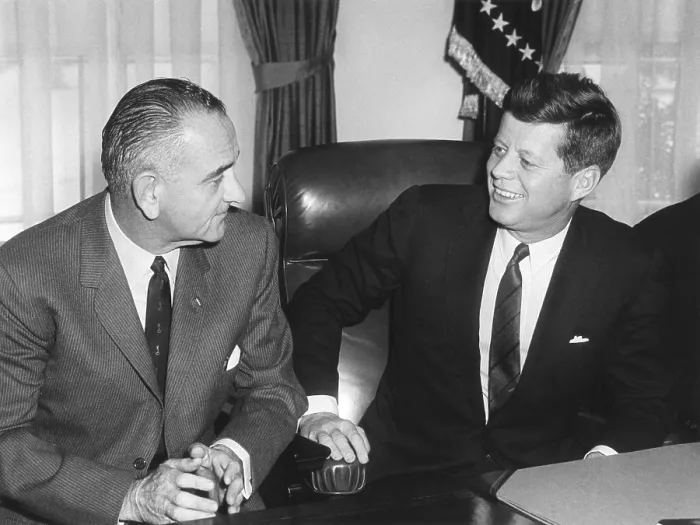 Framed Print : President John Kennedy and Vice President Lyndon Johnson. They were hosting a Legislative Leaders Breakfast Meeting in the Oval Office. Feb. 7, 1961. - (BSLOC_2015_1_149) Framed Print : President John Kennedy and Vice President Lyndon Johnson. They were hosting a Legislative Leaders Breakfast Meeting in the Oval Office. Feb. 7, 1961. - (BSLOC_2015_1_149)
