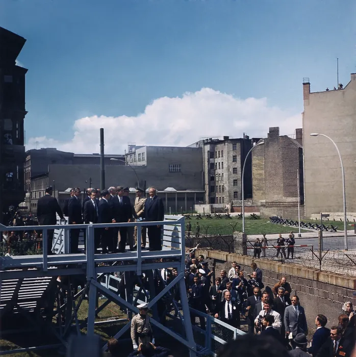 Framed Print : President John Kennedy and West German Chancellor, Konrad Adenauer, looking over the Berlin Wall into East Berlin. June 26, 1963
