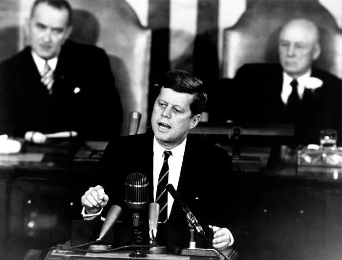Framed Print : President John Kennedy's historic speech. To Congress he set the goal of landing a man on the Moon within ten years. May 25, 1961