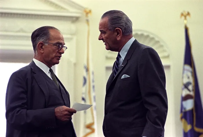 Framed Print : President Johnson in conversation with William Fulbright, Chairman of the Senate Foreign Relations Committee, and outspoken opponent of LBJ's Vietnam War policy. May 1, 1968