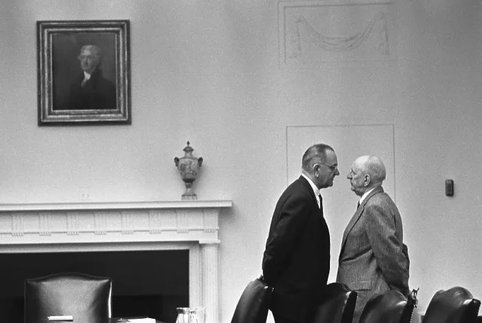 Framed Print : President Johnson invading the space of Senator Richard Russell during a conversation in the White House Cabinet Room. December 17 1963 Framed Print : President Johnson invading the space of Senator Richard Russell during a conversation in the White House Cabinet Room. December 17 1963