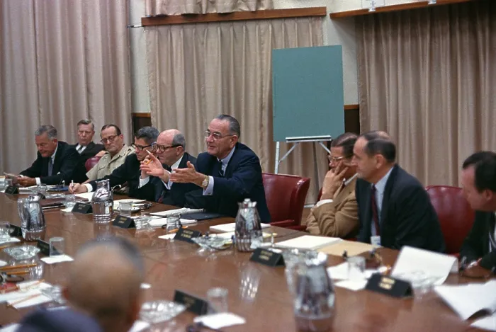 Framed Print : President Johnson meeting with the US delegation before the Honolulu Conference on the Vietnam War. (L-R): U. Alexis Johnson (leaning back), Henry Cabot Lodge, Gen