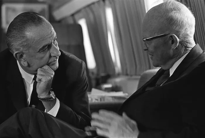 Framed Print : President Johnson met with former President Dwight Eisenhower aboard a parked Air Force One, at Andrews Air Force Base, Maryland Framed Print : President Johnson met with former President Dwight Eisenhower aboard a parked Air Force One, at Andrews Air Force Base, Maryland