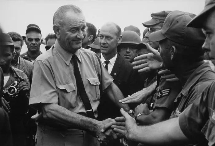 Framed Print : President Johnson in South Vietnam. LBJ visits US soldiers at Cam Ranh Bay, South Vietnam. Oct. 26, 1966