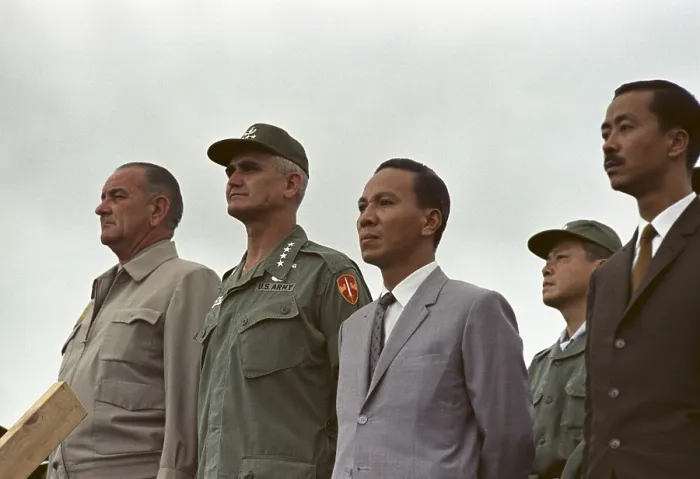 Framed Print : President Johnson in South Vietnam. At Cam Ranh Bay Airbase, are President Lyndon Johnson, Gen. William Westmoreland, Lt. Gen. Nguyen Van Thieu, and Prime Minister Nguyen Cao Ky Framed Print : President Johnson in South Vietnam. At Cam Ranh Bay Airbase, are President Lyndon Johnson, Gen. William Westmoreland, Lt. Gen. Nguyen Van Thieu, and Prime Minister Nguyen Cao Ky