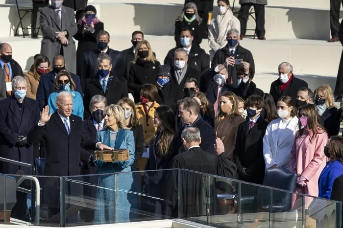 Framed Print : President Joseph R. Biden Jr. takes the presidential oath administered by Chief Justice John Roberts, Jan. 20, 2021. Close by is the extended Biden family including grandchildren Framed Print : President Joseph R. Biden Jr. takes the presidential oath administered by Chief Justice John Roberts, Jan. 20, 2021. Close by is the extended Biden family including grandchildren