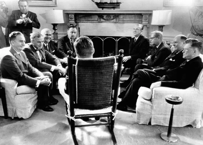 Framed Print : President Kennedy meets on May 9, 1961 with leaders of the news media