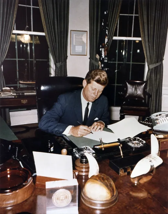 Framed Print : President Kennedy signing Cuba Quarantine Proclamation. The US Navy blockade would prevent the delivery of additional Soviet missiles to the Communist island nation. Oct. 23, 1962
