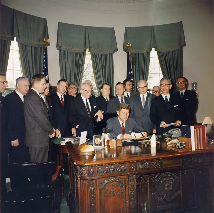 Framed Print : President Kennedy signing the Manpower Development and Training Act of 1962 Framed Print : President Kennedy signing the Manpower Development and Training Act of 1962