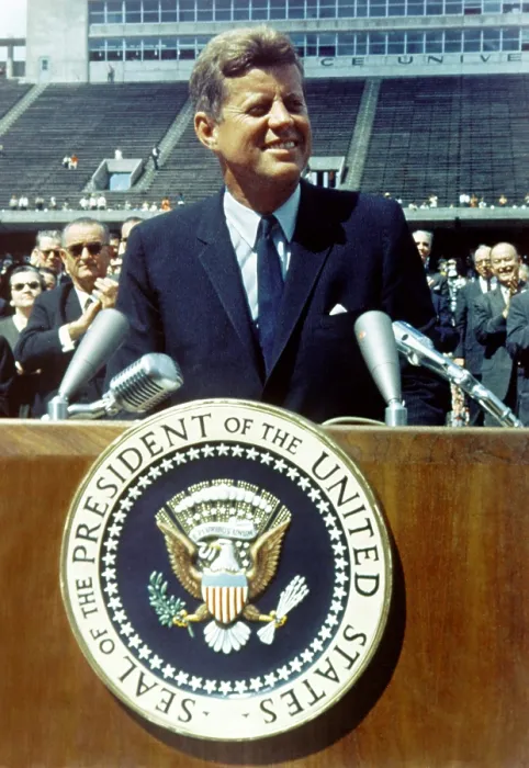Framed Print : President Kennedy speaking at Rice University football field. Sept. 9, 1962. He called for no strife, no prejudice, no national conflict in outer space'. Sept. 9, 1962 Framed Print : President Kennedy speaking at Rice University football field. Sept. 9, 1962. He called for no strife, no prejudice, no national conflict in outer space'. Sept. 9, 1962