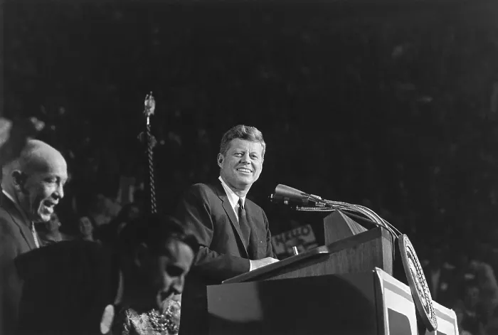 Framed Print : President Kennedy speaks at Bean Feed on Oct. 6, 1962