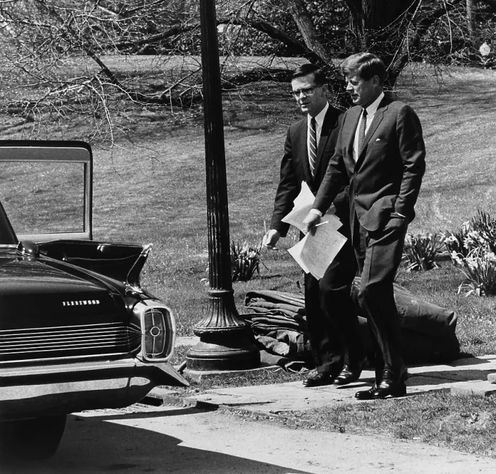Framed Print : President Kennedy with Theodore Sorensen, his longtime close advisor and speech writer. White House, South Lawn, March 12, 1963