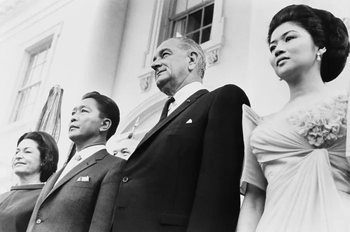 Framed Print : President and Lady Bird Johnson with Philippine President Ferdinand and Imelda Marcos at the White House. Sept. 14, 1966