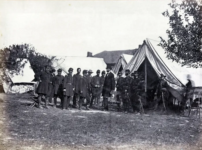Framed Print : President Lincoln (1809-1865) on battle-field of Antietam with several officers outside tent; among the officers are: Col. Alexander S. Webb, Chief of Staff, 5th Corps.; Gen Framed Print : President Lincoln (1809-1865) on battle-field of Antietam with several officers outside tent; among the officers are: Col. Alexander S. Webb, Chief of Staff, 5th Corps.; Gen