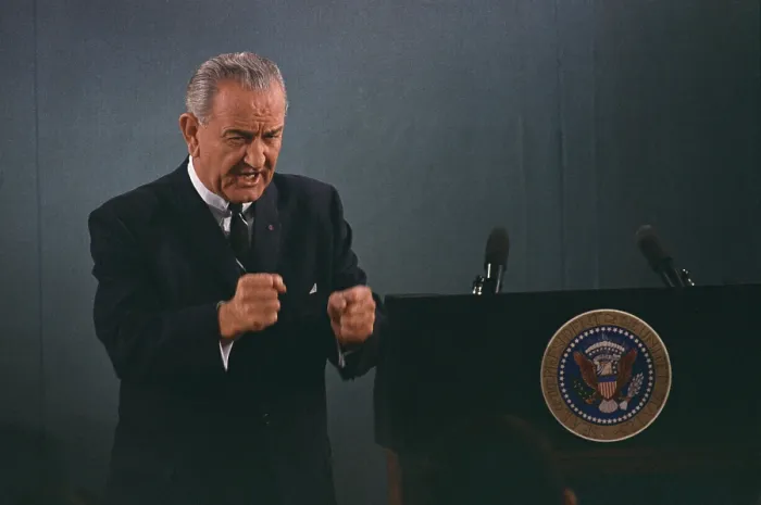 Framed Print : President Lyndon Johnson in an emphatic gesture during a nationally televised press conference. Nov. 17, 1967