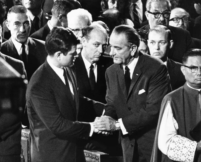 Framed Print : President Lyndon Johnson expresses his condolence to Senator Edward Kennedy. They were at the Requiem Mass for Senator Robert Kennedy in St. Patrick's Cathedral