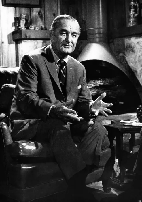 Framed Print : Former President Lyndon Johnson during an interview Walter Cronkite. He described the events leading up to the decision to halt the bombing of North Vietnam in 1968. Feb. 3, 1970