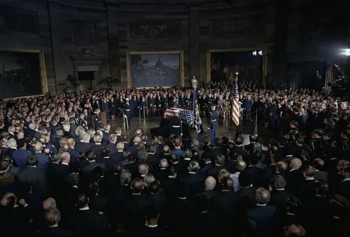Framed Print : President Lyndon Johnson lying in state in the Capitol Rotunda. President Richard Nixon, members of Congress, paid respects to the former President. Jan. 24, 1973