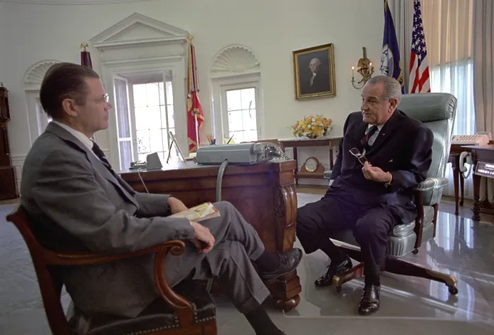 Framed Print : President Lyndon Johnson meeting with Defense Secretary Robert McNamara, in the Oval Office. Nov. 27, 1967