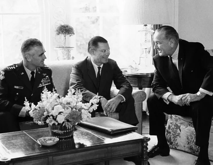 Framed Print : President Lyndon Johnson meeting with Gen. William Westmoreland and Defense Secretary Robert McNamara. They agreed that additional troops would be sent to Vietnam. Aug. 26, 1967