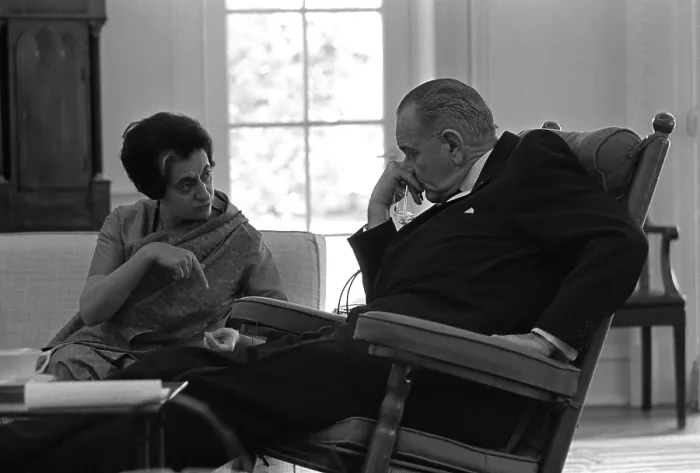 Framed Print : President Lyndon Johnson meeting with Indian Prime Minister, Indira Gandhi. Gandhi, the daughter of Jawaharlal Nehru, became PM on two months earlier. March 28, 1966 Framed Print : President Lyndon Johnson meeting with Indian Prime Minister, Indira Gandhi. Gandhi, the daughter of Jawaharlal Nehru, became PM on two months earlier. March 28, 1966