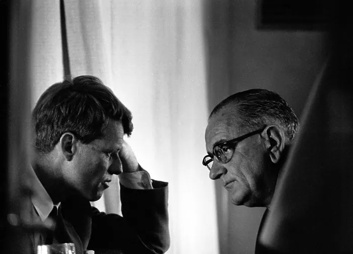 Framed Print : President Lyndon Johnson meeting with Robert Kennedy. The two men were unfriendly rivals, but supported each other in the 1964 elections. Oct. 14, 1964 Framed Print : President Lyndon Johnson meeting with Robert Kennedy. The two men were unfriendly rivals, but supported each other in the 1964 elections. Oct. 14, 1964