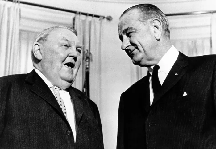 Framed Print : President Lyndon Johnson meeting with West German Chancellor Ludvig Erhard (left) Framed Print : President Lyndon Johnson meeting with West German Chancellor Ludvig Erhard (left)