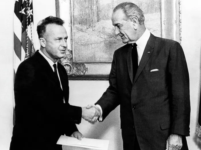 Framed Print : President Lyndon Johnson (right), meeting the new Israeli ambassador to the U.S. Yitzhak Rabin, Washington D.C. March 5, 1968.. Courtesy: CSU Archives  /  Everett Collection