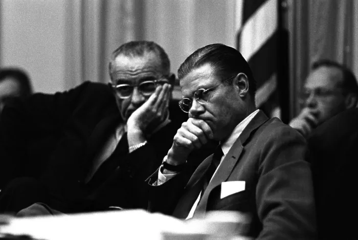 Framed Print : President Lyndon Johnson, and Robert McNamara in a meeting on Vietnam. July 27, 1965
