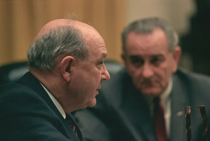 Framed Print : President Lyndon Johnson and Secretary of State Dean Rusk at a meeting in the Cabinet Room. Jan. 31, 1968