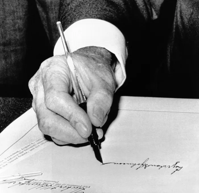 Framed Print : President Lyndon Johnson signing the 1965 Civil Rights Bill, also known as the Voting Rights Act