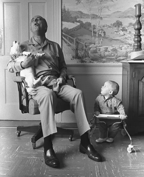 Framed Print : President Lyndon Johnson sings with dog Yuki while his grandson, Patrick Lyndon Nugent, looks on. LBJ Ranch, Jan. 6. 1968