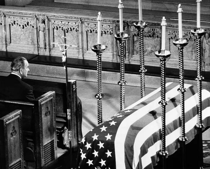 Framed Print : President Lyndon Johnson sits next to Senator Robert Kennedy's flag-draped coffin during Solemn Requiem Mass at St. Patrick's Cathedral June 3, 1968 Framed Print : President Lyndon Johnson sits next to Senator Robert Kennedy's flag-draped coffin during Solemn Requiem Mass at St. Patrick's Cathedral June 3, 1968
