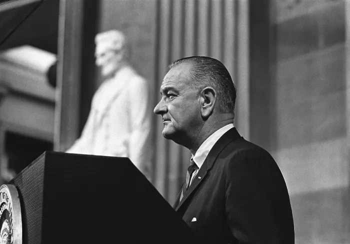 Framed Print : President Lyndon Johnson speaking in the capitol Rotunda before signing the Voting Rights Act. August 6, 1965
