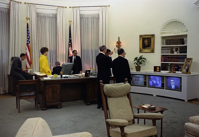 Framed Print : President Lyndon Johnson and his staff watch TV news reporting the assassination of Dr. Martin Luther King. April 4, 1968