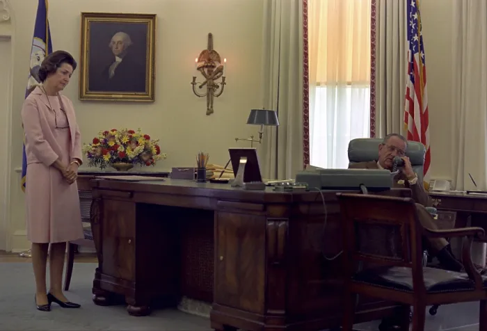 Framed Print : President Lyndon Johnson telephones the Kennedys after Robert Kennedy's assassination. The saddened First Lady looks on. June 6, 1968