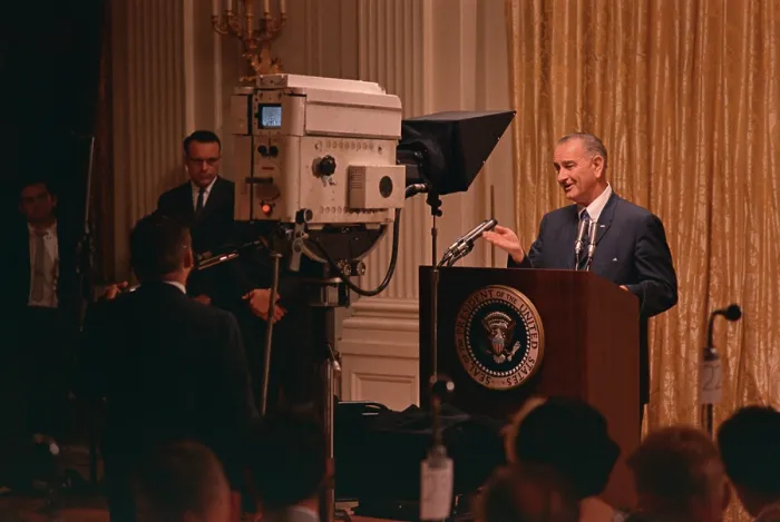 Framed Print : President Lyndon Johnson televised press conference with announcement of greatly increased commitment of U.S. armed forces to Vietnam. July 28, 1965