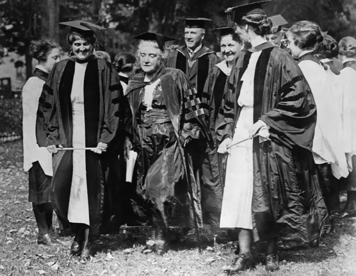 Framed Print : President M. Carey Thomas (center) of Bryn Mawr College, leading the academic procession at the celebration of Mount Holyoke Colleges, Founders Day, Oct. 7, 1921