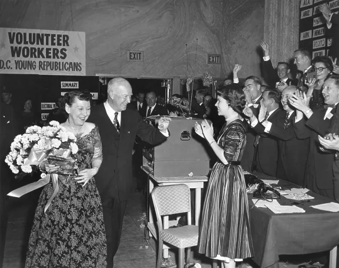 Framed Print : President and Mamie Eisenhower are cheered at the Sheraton Park Hotel on election night. Nov. 6, 1956. - (BSLOC_2014_16_12)