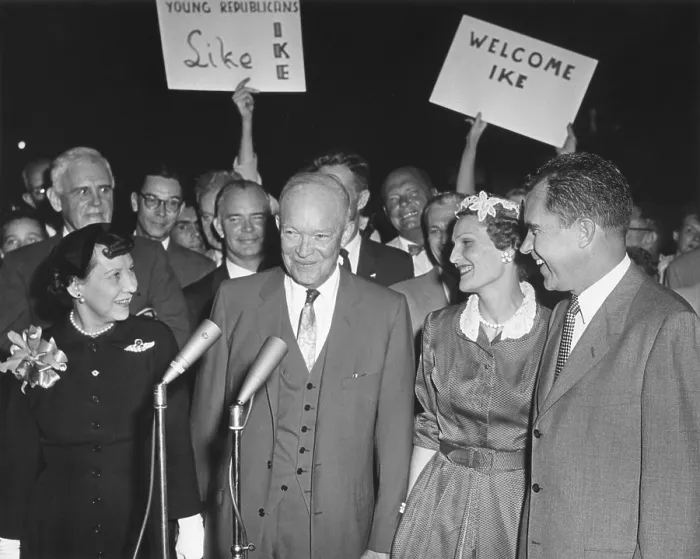 Framed Print : President and Mamie Eisenhower are greeted by Vice President and Pat Nixon
