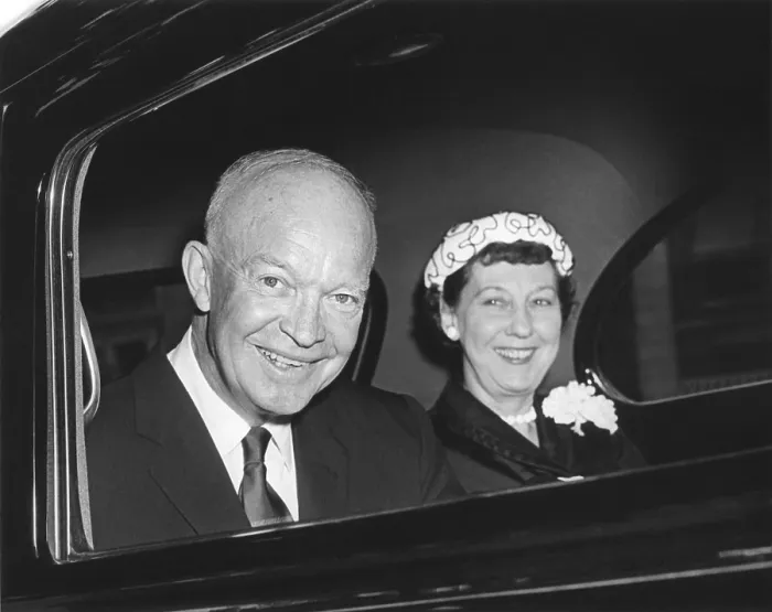 Framed Print : President and Mamie Eisenhower smiling from a limousine. Eisenhower. August 8, 1956. - (BSLOC_2014_16_82) Framed Print : President and Mamie Eisenhower smiling from a limousine. Eisenhower. August 8, 1956. - (BSLOC_2014_16_82)
