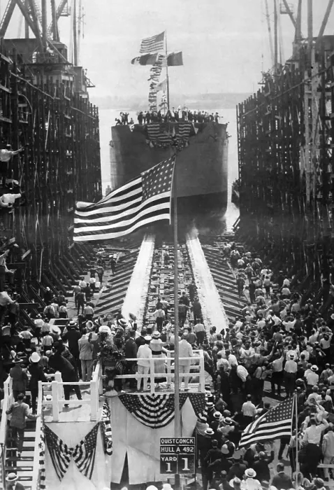 Framed Print : The President and Mrs. Edith Wilson launching the cargo carrier, Quistconck, at Hog Island shipyards. World War I. Aug. 5, 1918