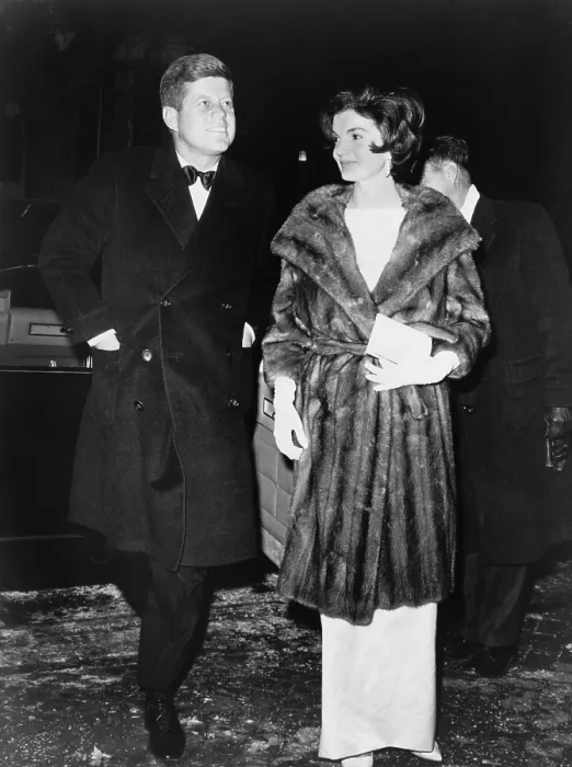 Framed Print : President and Mrs. Kennedy en route to a private party on March 7, 1961. On the cold winter night, Jacqueline Kennedy wears a mink coat